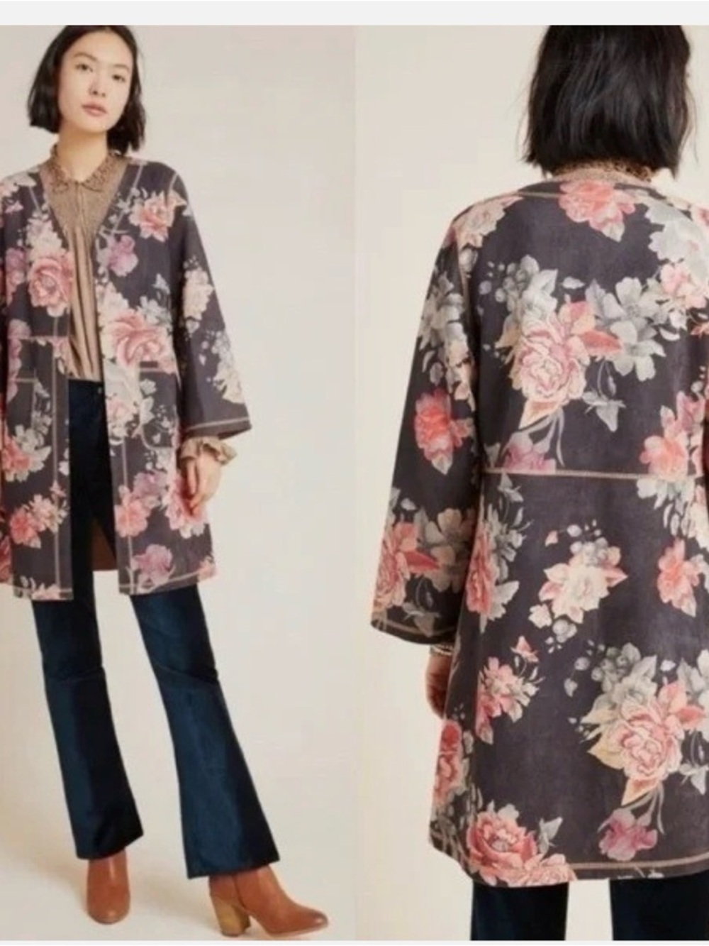 Anthropologie Solitaire Emilie Floral Faux Sueded Kimono